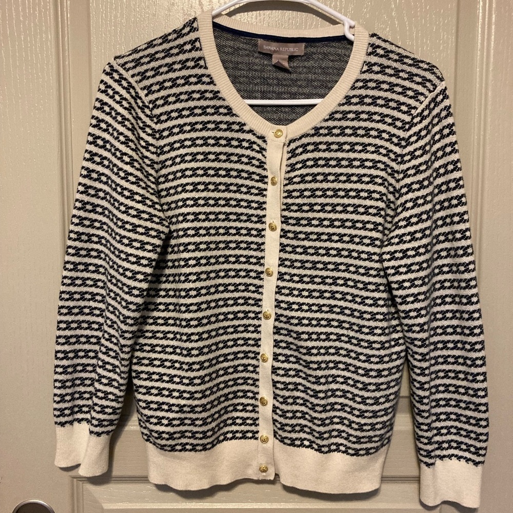 Banana Republic Blue & White Women’s Silk Blend Cardigan With Gold Buttons